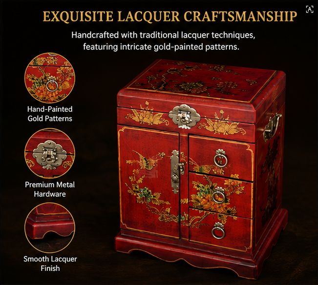 Antique lacquer dressing table and jewelry cabinet