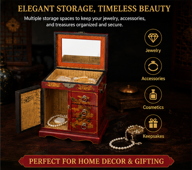 Antique lacquer dressing table and jewelry cabinet