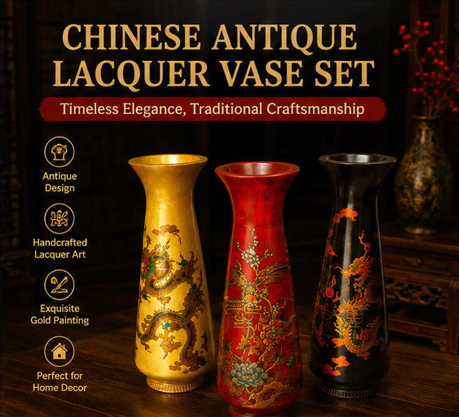 Antique-style lacquerware vase with gold trim