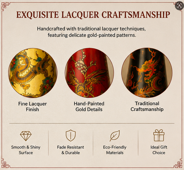 Antique-style lacquerware vase with gold trim