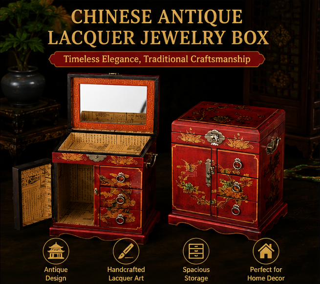 Antique lacquer dressing table and jewelry cabinet