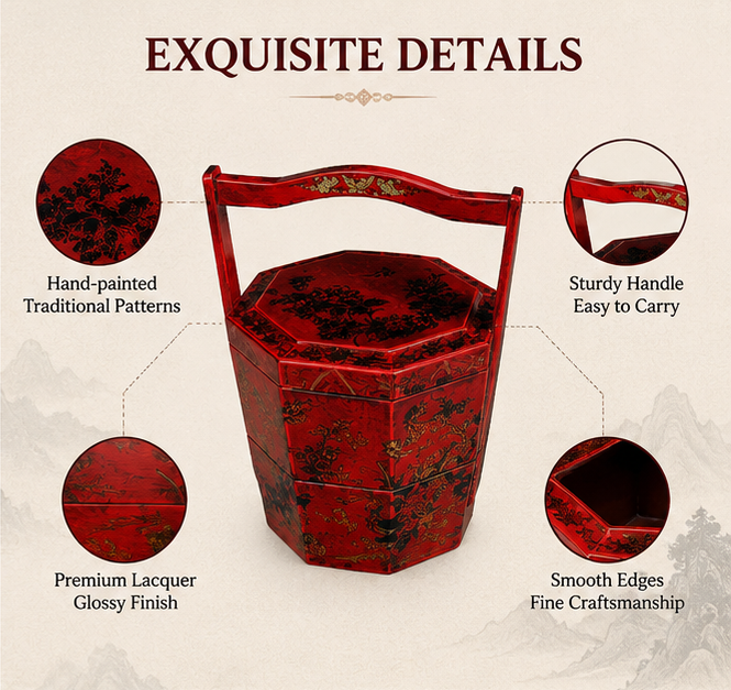 Gilded lacquer octagonal food box with handle